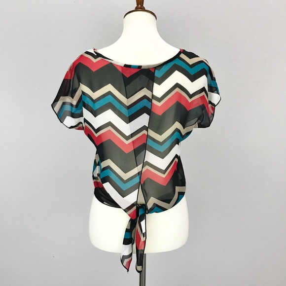 A'gaci Teal Zig Zag Chevron Chiffon Tie Back Top - Picture 11 of 14